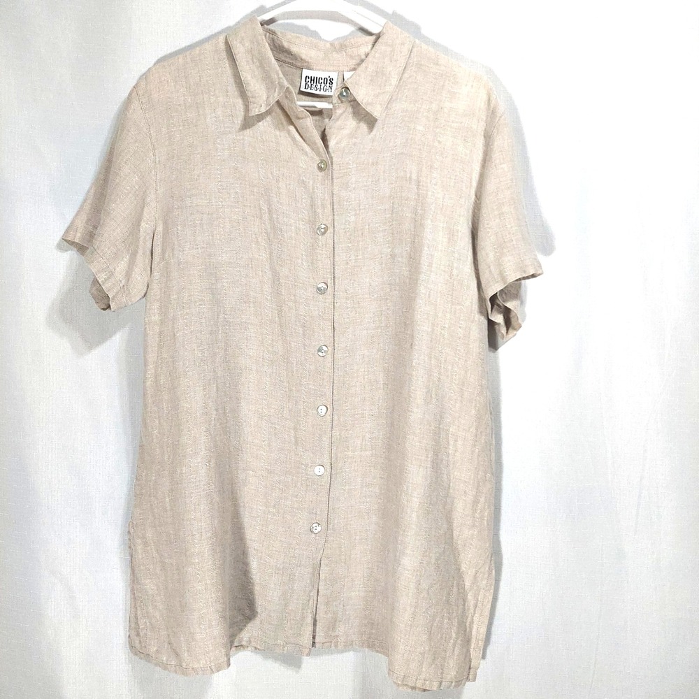 Chico's Design Shirt Blouse Womens 2 (US Med) Tan 100% Linen Button Up Slit Hem